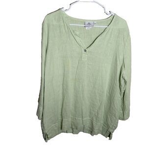 Hot Cotton by Marc Ware Linen Blouse Women's Large Green Lagenlook Button Top
